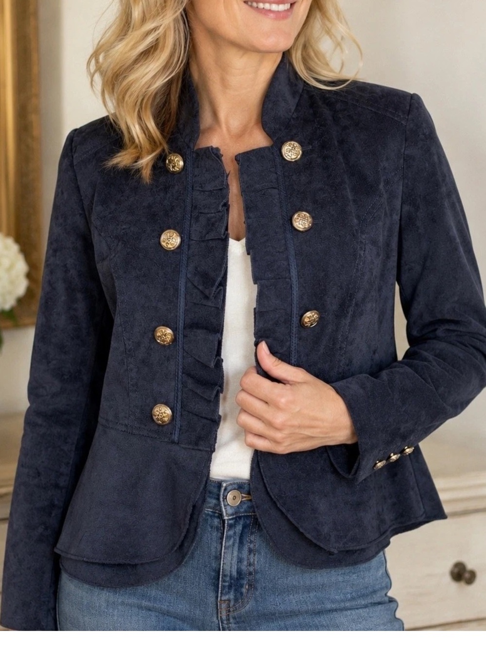 Navy Blue Faux Suede Military Peplum Blazer Jacket